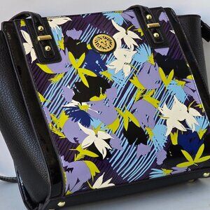 ANNE KLEIN Multi Colored Floral Shoulder Bag Faux Patent Leather Hand Bag Tote